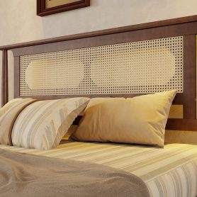 Queen Size Solid Wooden Bed with Rattan Headboard