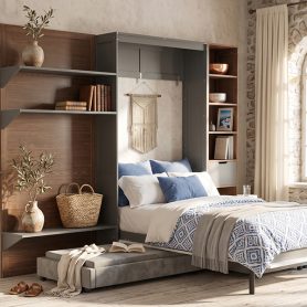 Twin Murphy Bed with Storage Cabinet, Open Shelving & USB Port, Large Sofa Front