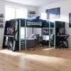 L-Shaped Wooden Twin Size Gaming Bed Frame with RGB LED Lights, USB Ports, TV Stand & Storage Shelves