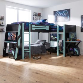 L-Shaped Wooden Twin Size Gaming Bed Frame with RGB LED Lights, USB Ports, TV Stand & Storage Shelves