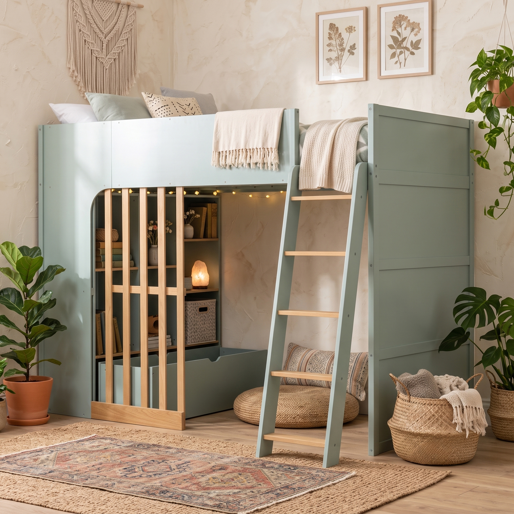 Twin Size Wooden High Sleeper Loft Bed with Ladder and Storage Shelves
