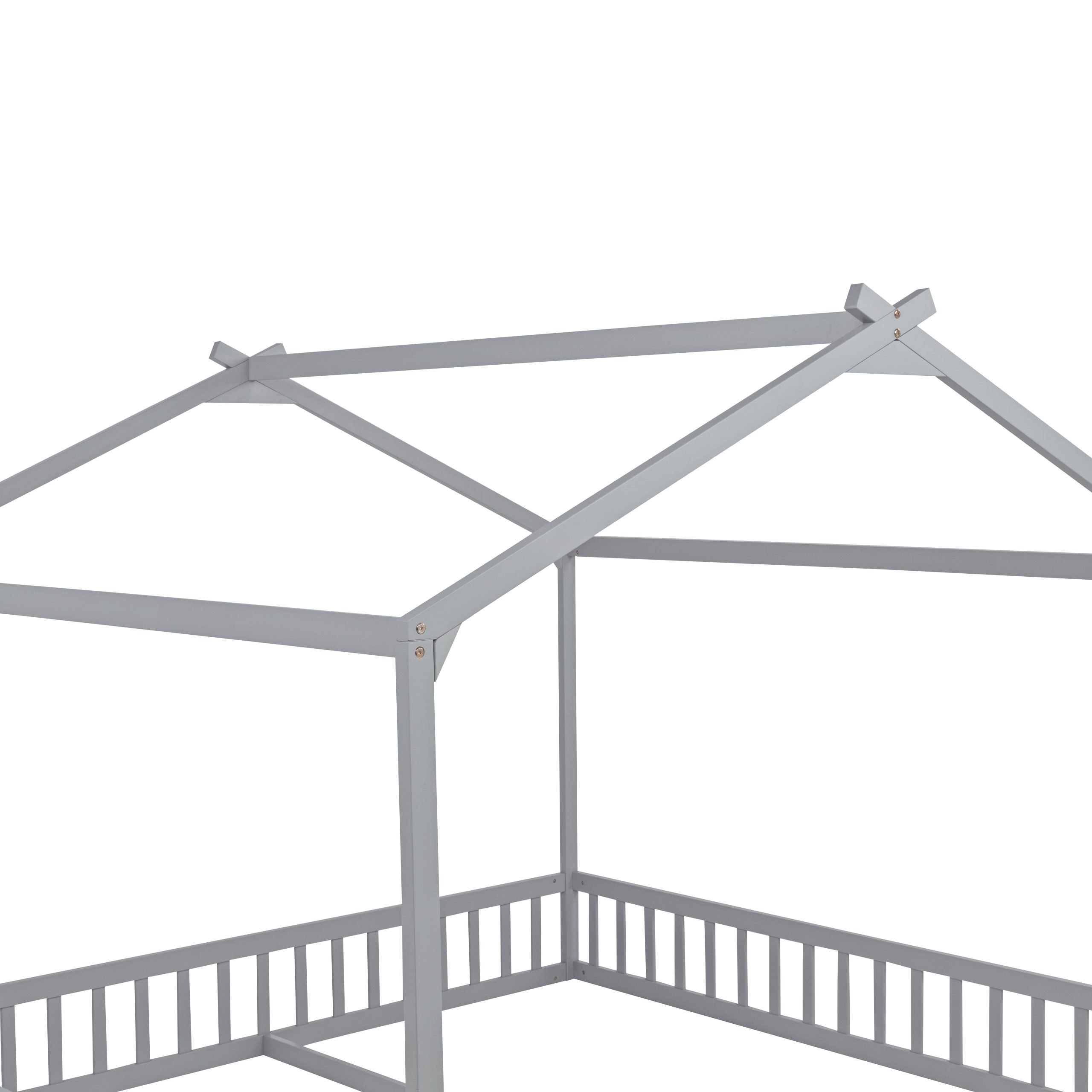 Double Twin House-Shaped Floor Bed with Safety Guardrails