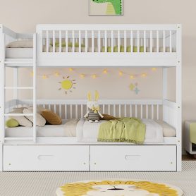 Twin Over Twin Pine Wood Bunk Bed With 2 Drawers, Convertible into 2 Twin Beds