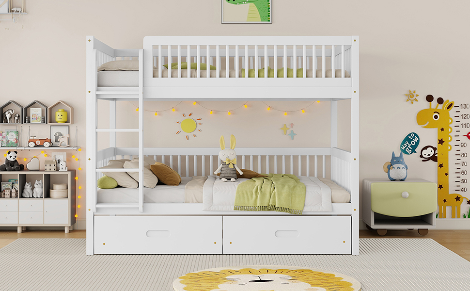 Twin Over Twin Pine Wood Bunk Bed With 2 Drawers, Convertible into 2 Twin Beds