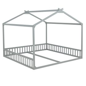 Double Twin House-Shaped Floor Bed with Safety Guardrails