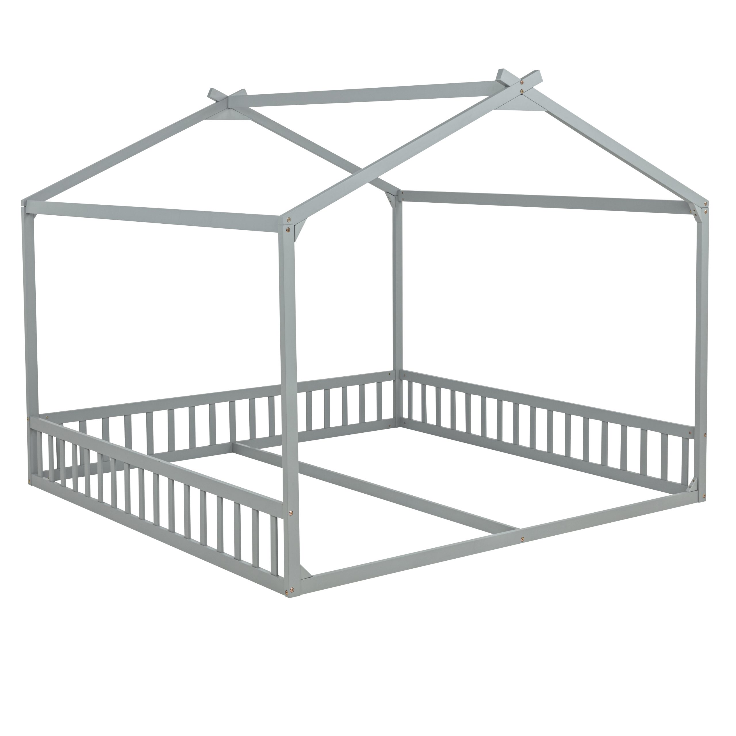 Double Twin House-Shaped Floor Bed with Safety Guardrails