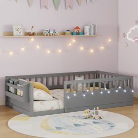 Twin Montessori Floor Bed with High Rails, Light And Storage Shelf