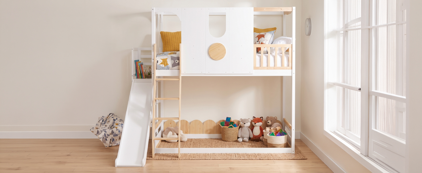 Twin Size Kids Loft Bed With Slide, Storage Shelves And Guardrails
