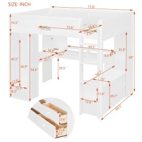 Full Size Solid Wood Loft Bed With L-Shaped Desk, Storage Cabinet and Wardrobe