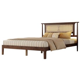 Queen Size Solid Wooden Bed with Rattan Headboard