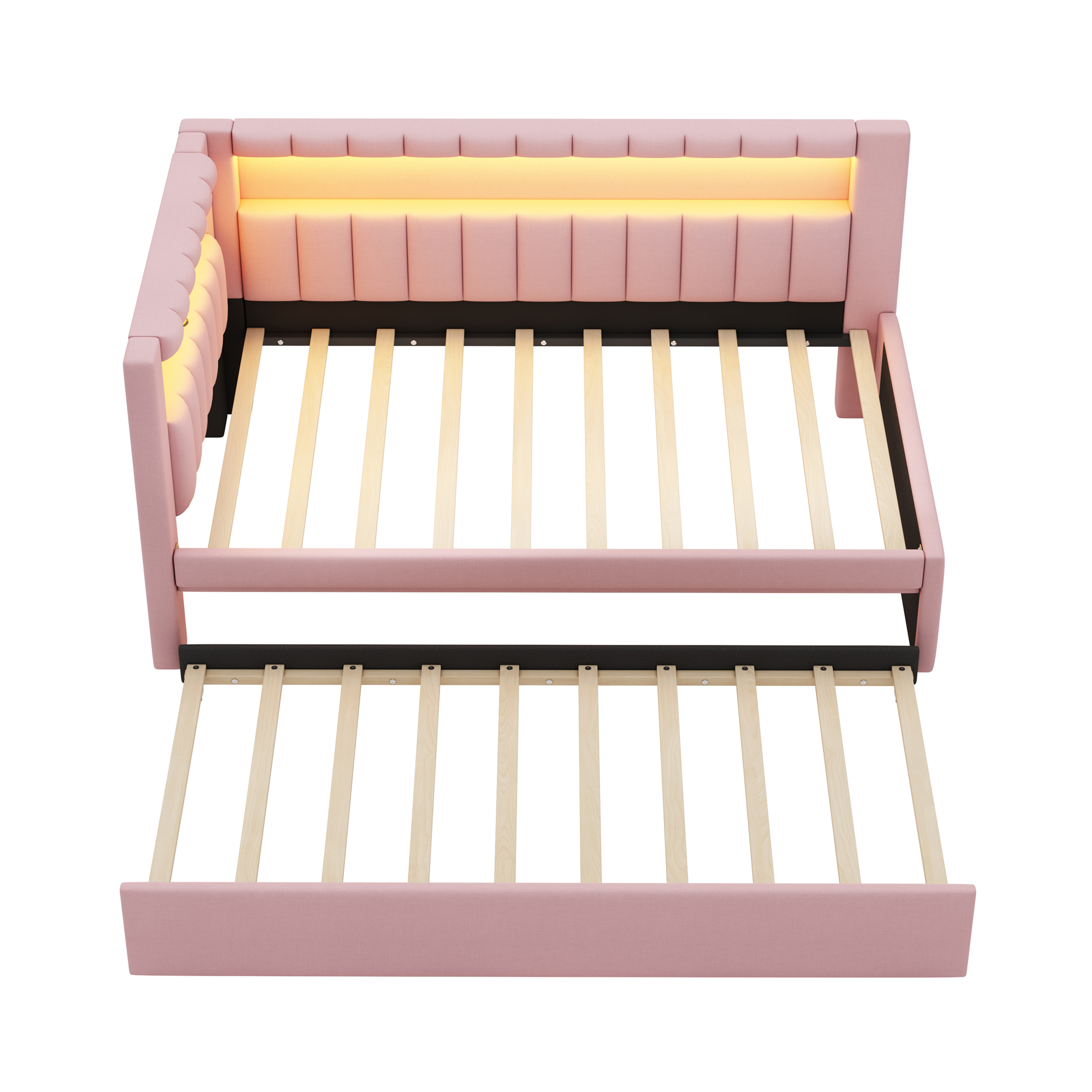 Upholstered Twin Size Platform Bed with Trundle, USB Ports and LED Belt