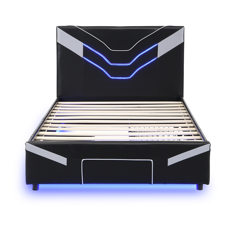 Twin Size Upholstered Gaming Bed Frame with LED Lights