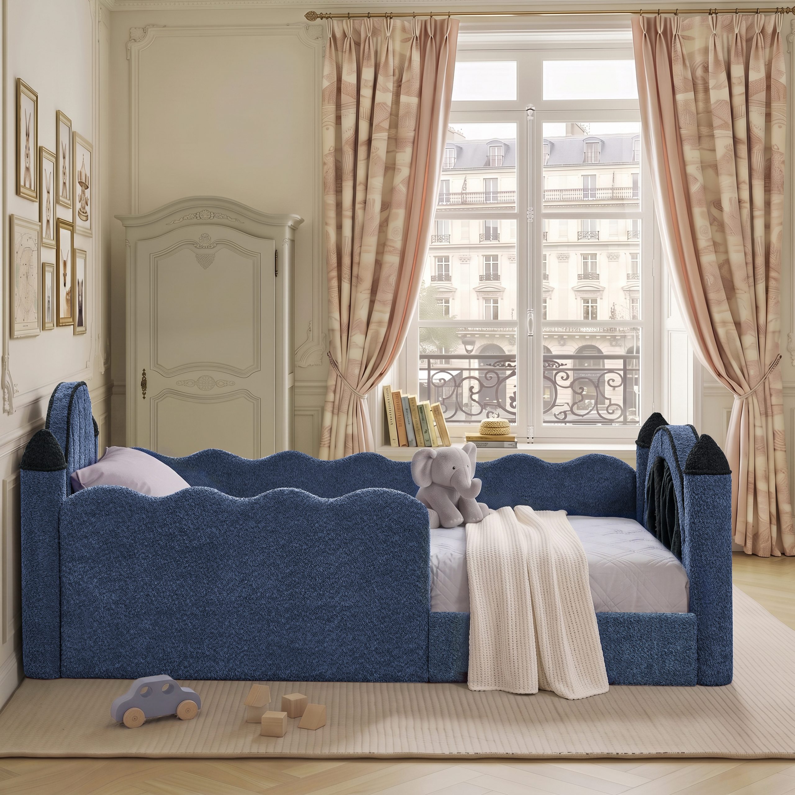 Twin Size Castle Bed with Safety Guardrail and Curtain