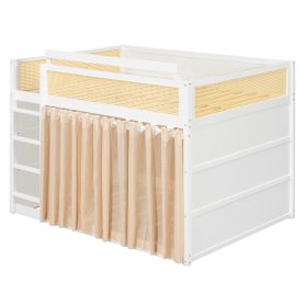 Full Size Bunk Bed with 3-Tier Storage Shelf, Rattan Decor, Privacy Curtains & Lights