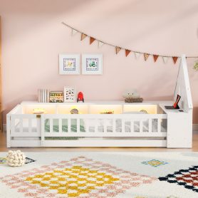 Twin Size Wood Floor Bed With Guardrail,  Storage Cabinets, LED, USB Port & Plug Outlets