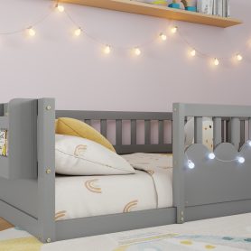 Twin Montessori Floor Bed with High Rails, Light And Storage Shelf