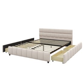 Queen Size Upholstered Platform Bed Frame with 4 Storage Drawers