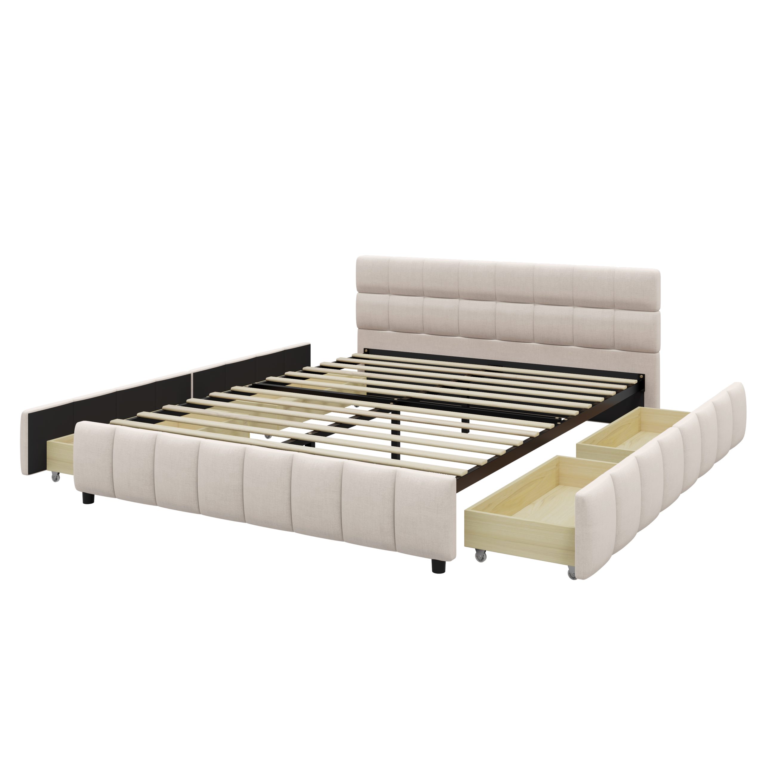 Queen Size Upholstered Platform Bed Frame with 4 Storage Drawers