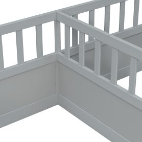 Double Pine Wood Twin Floor Bed with Semi-Enclosed Safety Guardrails, Open Entrance