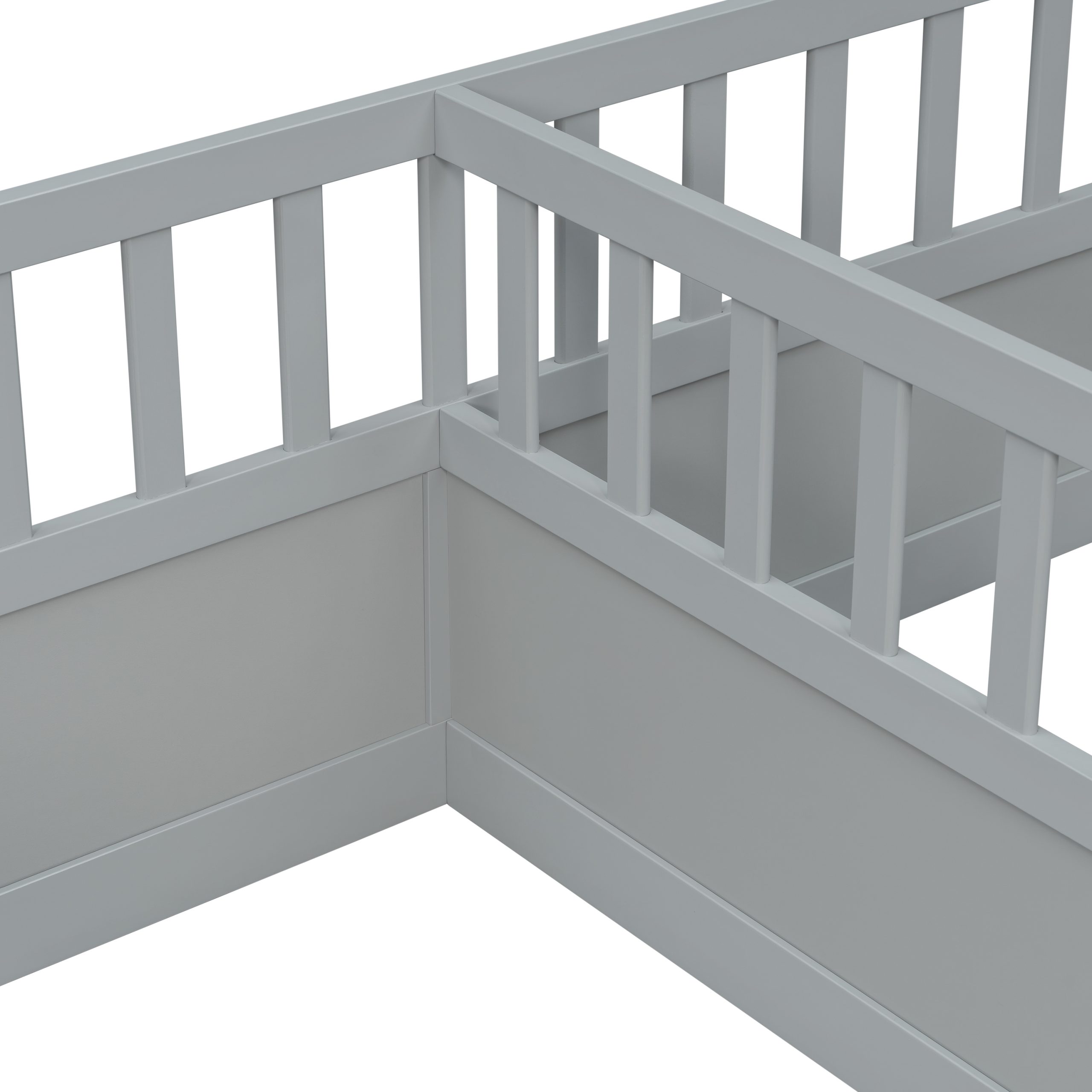 Double Pine Wood Twin Floor Bed with Semi-Enclosed Safety Guardrails, Open Entrance