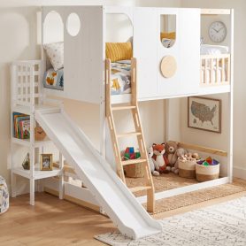 Twin Size Kids Loft Bed With Slide, Storage Shelves And Guardrails