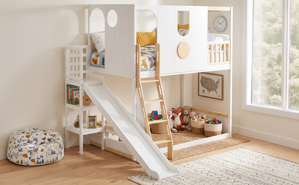Twin Size Kids Loft Bed With Slide, Storage Shelves And Guardrails
