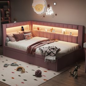 Upholstered Twin Size Platform Bed with Trundle, USB Ports and LED Belt