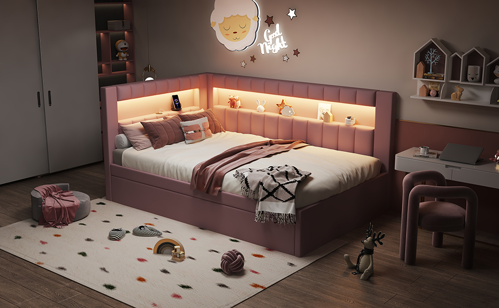 Upholstered Twin Size Platform Bed with Trundle, USB Ports and LED Belt
