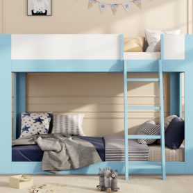 Twin Size Low Convertible Bunk Bed With Reversible Ladder And Safety Guardrails