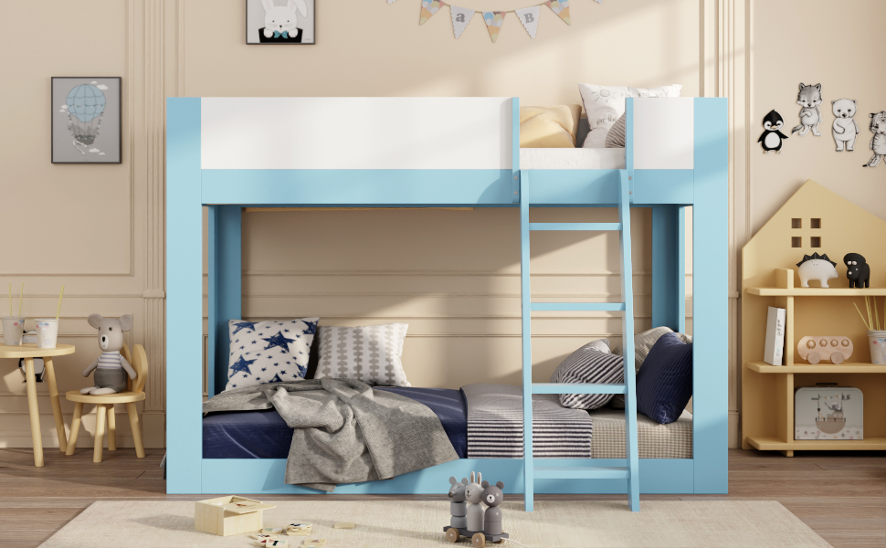 Twin Size Low Convertible Bunk Bed With Reversible Ladder And Safety Guardrails