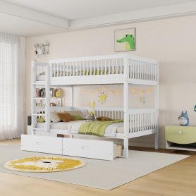 Twin Over Twin Pine Wood Bunk Bed With 2 Drawers, Convertible into 2 Twin Beds