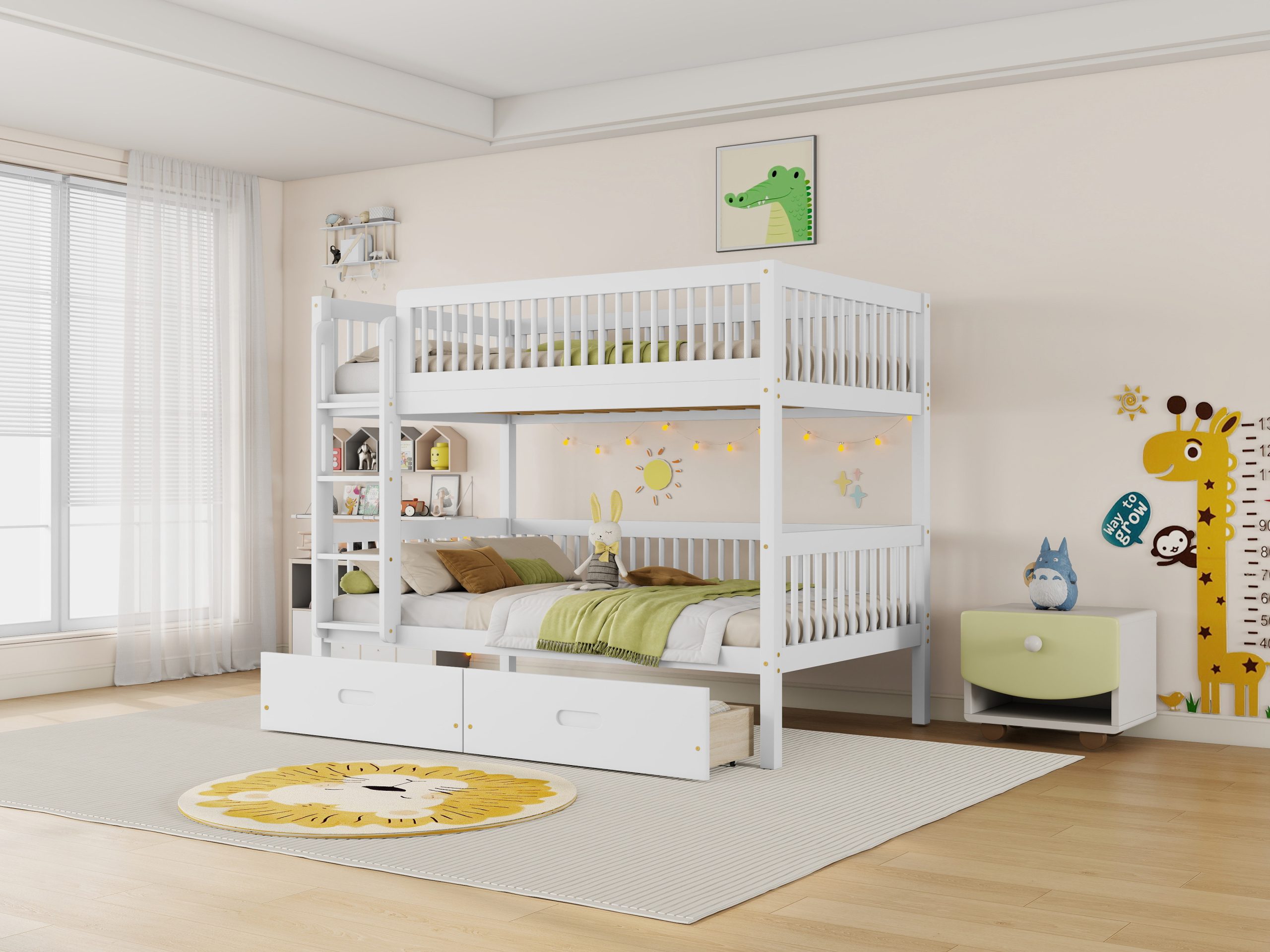 Twin Over Twin Pine Wood Bunk Bed With 2 Drawers, Convertible into 2 Twin Beds