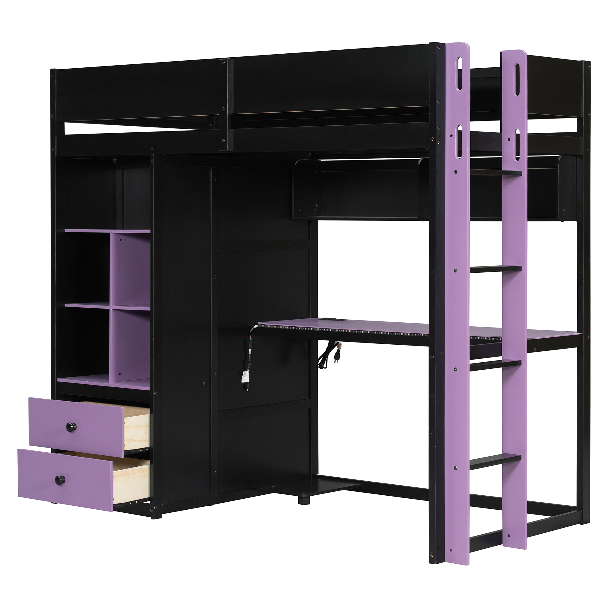 Twin Size Solid Wood Loft Bed with Desk, Storage Cabinet and Wardrobe