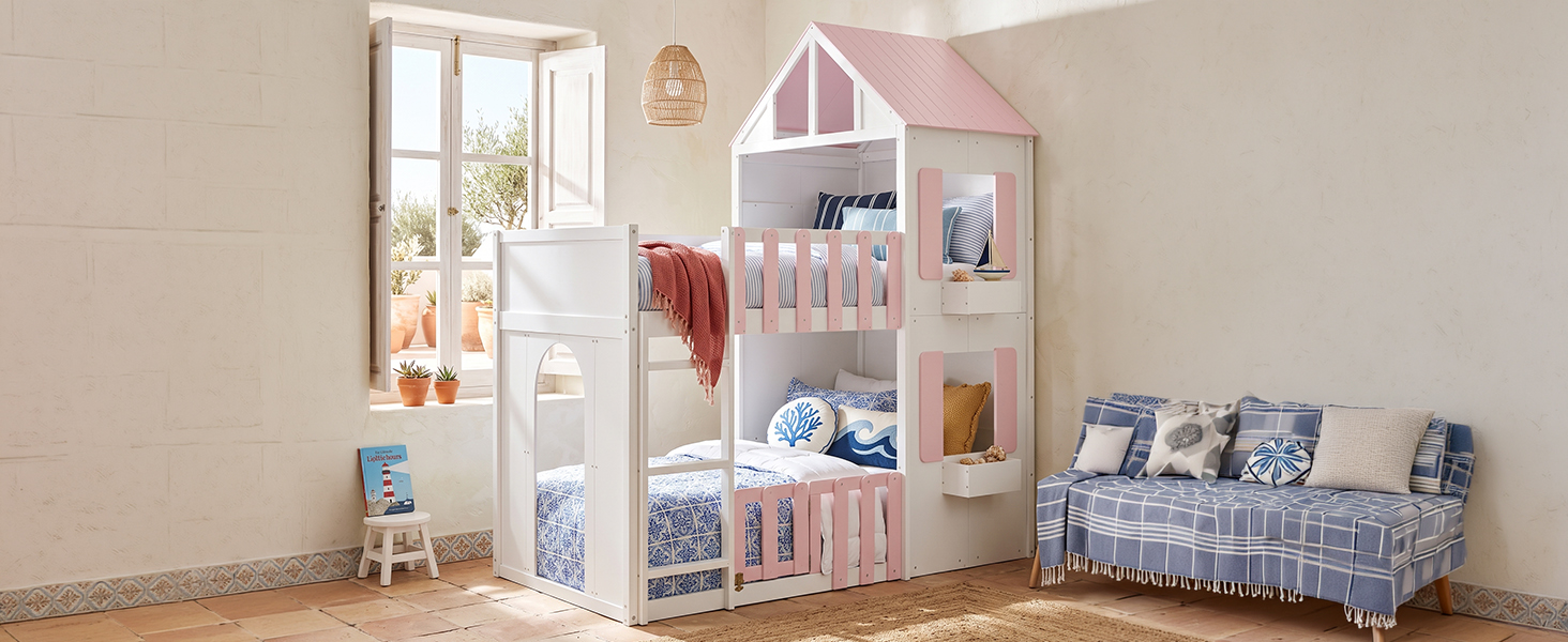 Modern Playful Design Twin Over Twin House Bunk Bed