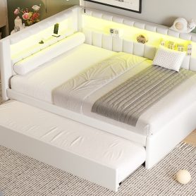 Upholstered Full Size Platform Bed with Trundle, USB Ports and LED Belt