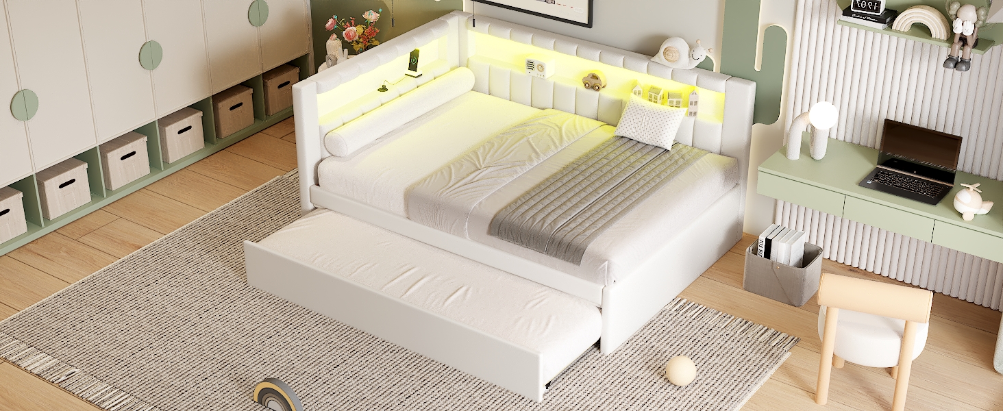 Upholstered Full Size Platform Bed with Trundle, USB Ports and LED Belt