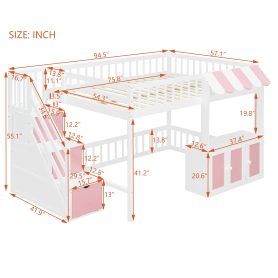 Full Size Loft Bed with Storage Steps, LED Light, Under Bed Cabinets