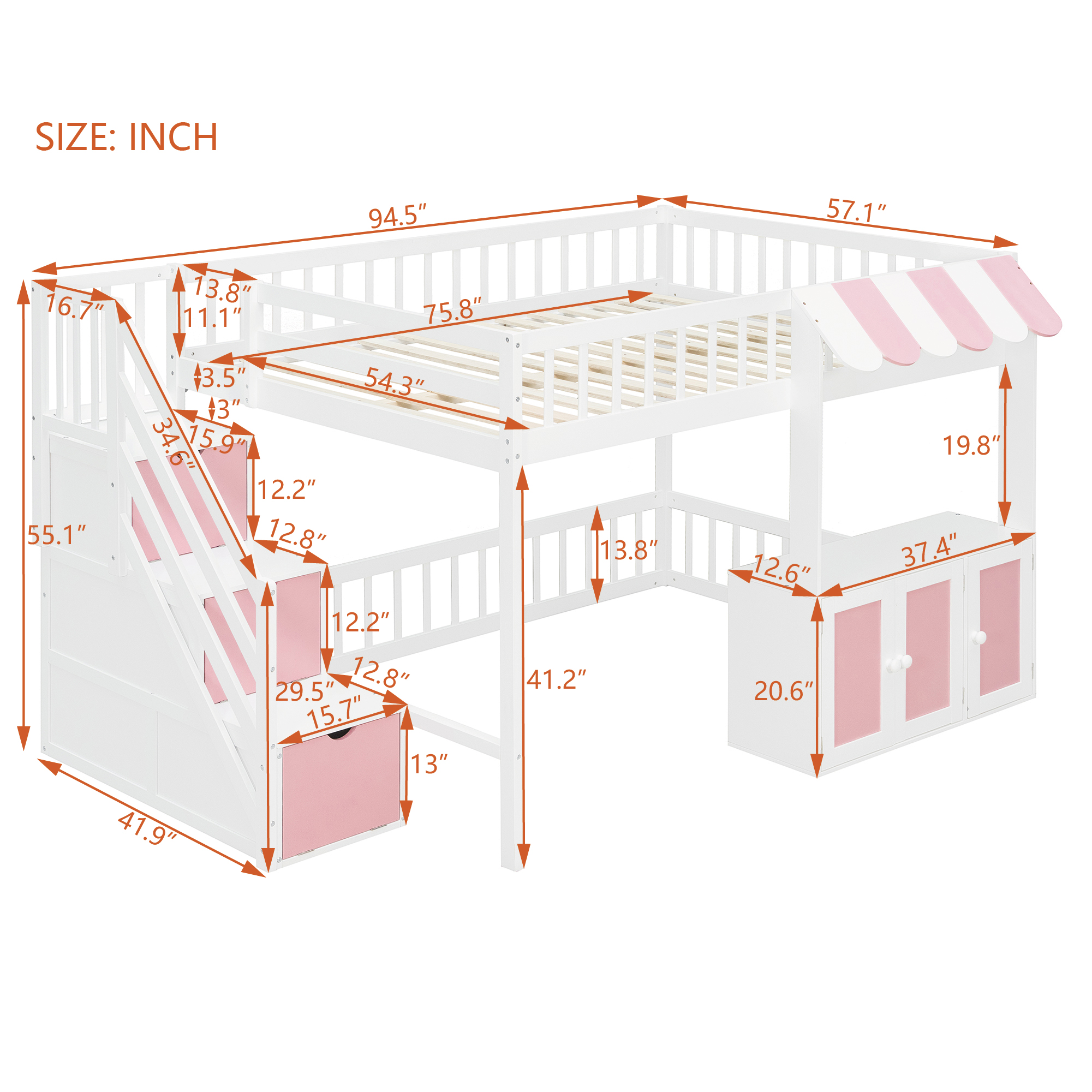 Full Size Loft Bed with Storage Steps, LED Light, Under Bed Cabinets