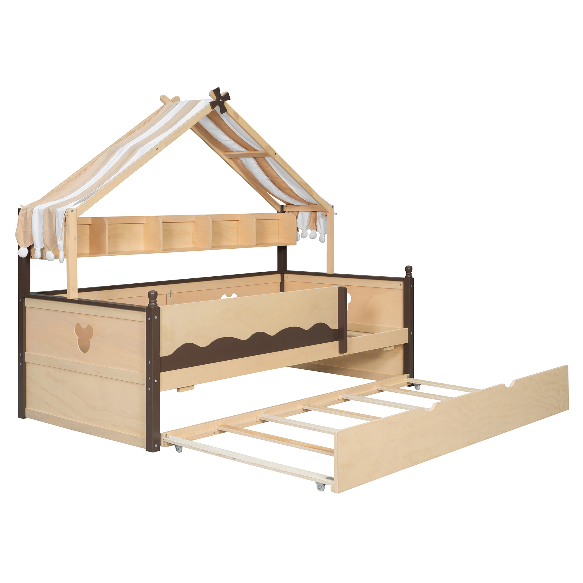 Twin Size House-Shaped Daybed with Built-In Bookshelf and Trundle