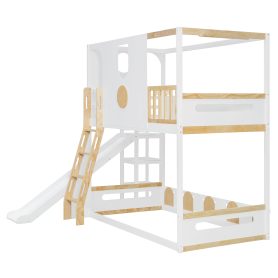 Twin Size Kids Loft Bed With Slide, Storage Shelves And Guardrails