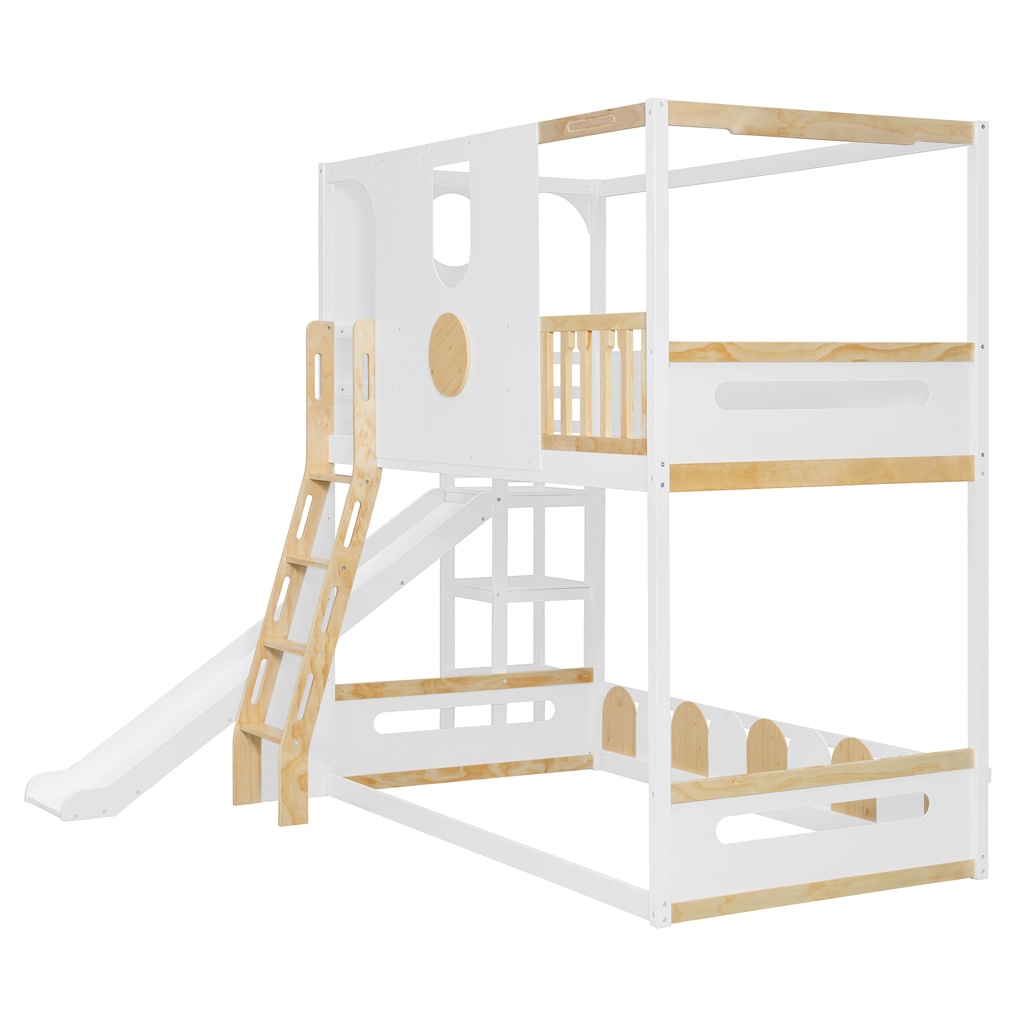 Twin Size Kids Loft Bed With Slide, Storage Shelves And Guardrails