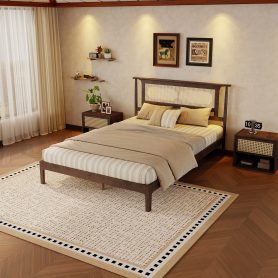 Queen Size Solid Wooden Bed with Rattan Headboard