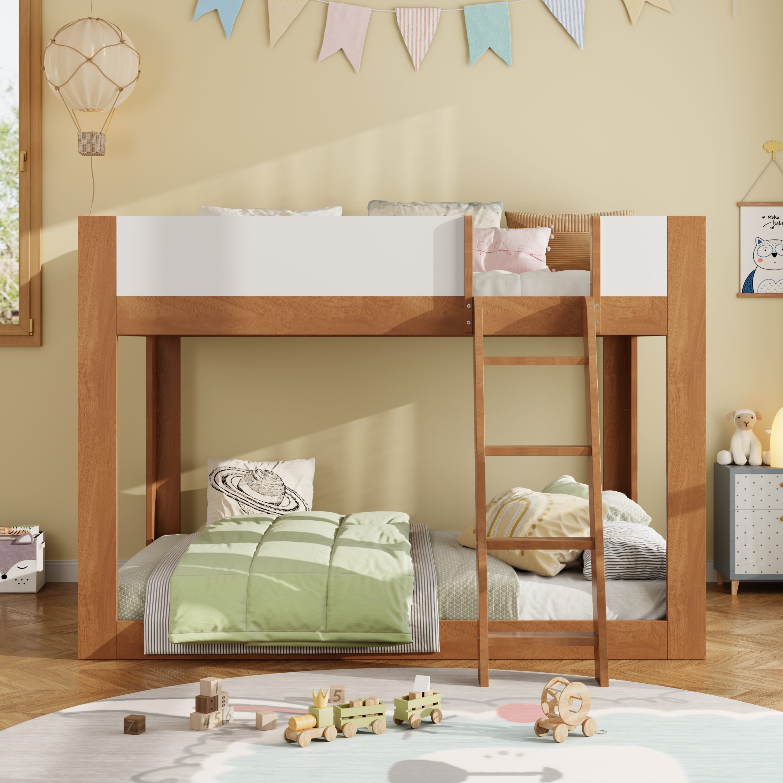 Twin Size Low Convertible Bunk Bed With Reversible Ladder And Safety Guardrails