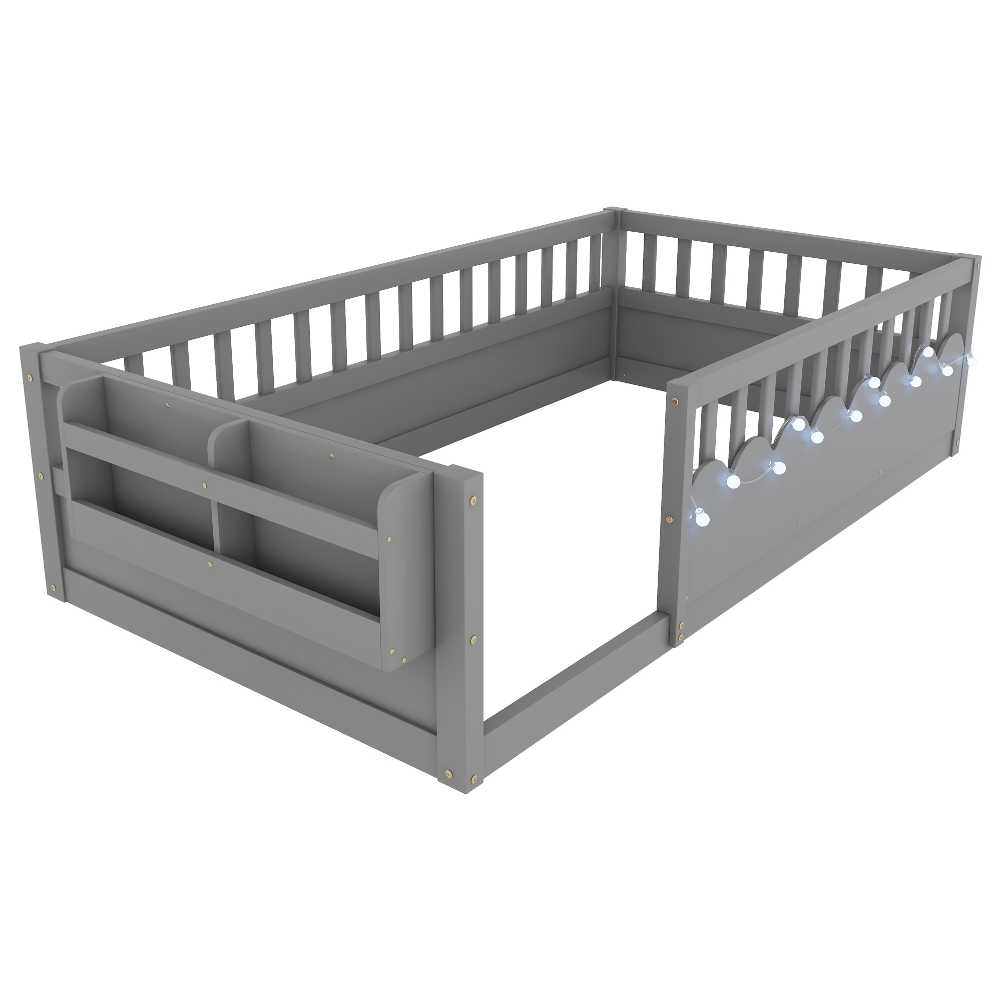 Twin Montessori Floor Bed with High Rails, Light And Storage Shelf