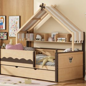 Twin Size House-Shaped Daybed with Built-In Bookshelf and Trundle
