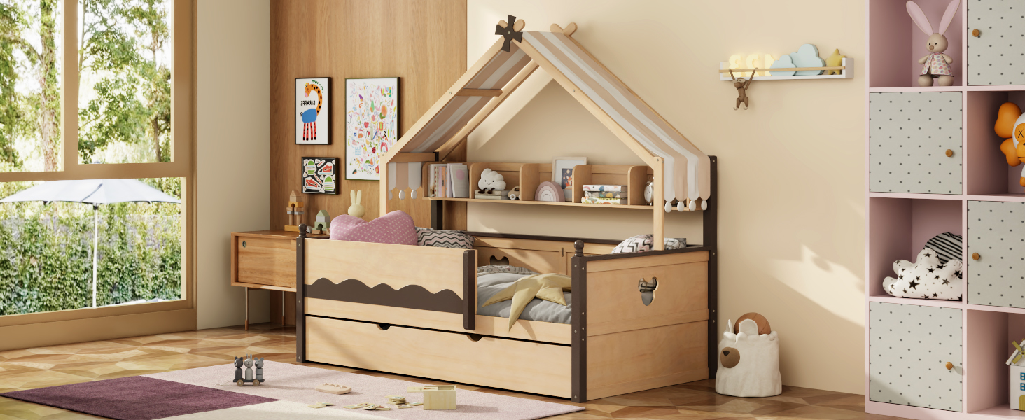 Twin Size House-Shaped Daybed with Built-In Bookshelf and Trundle