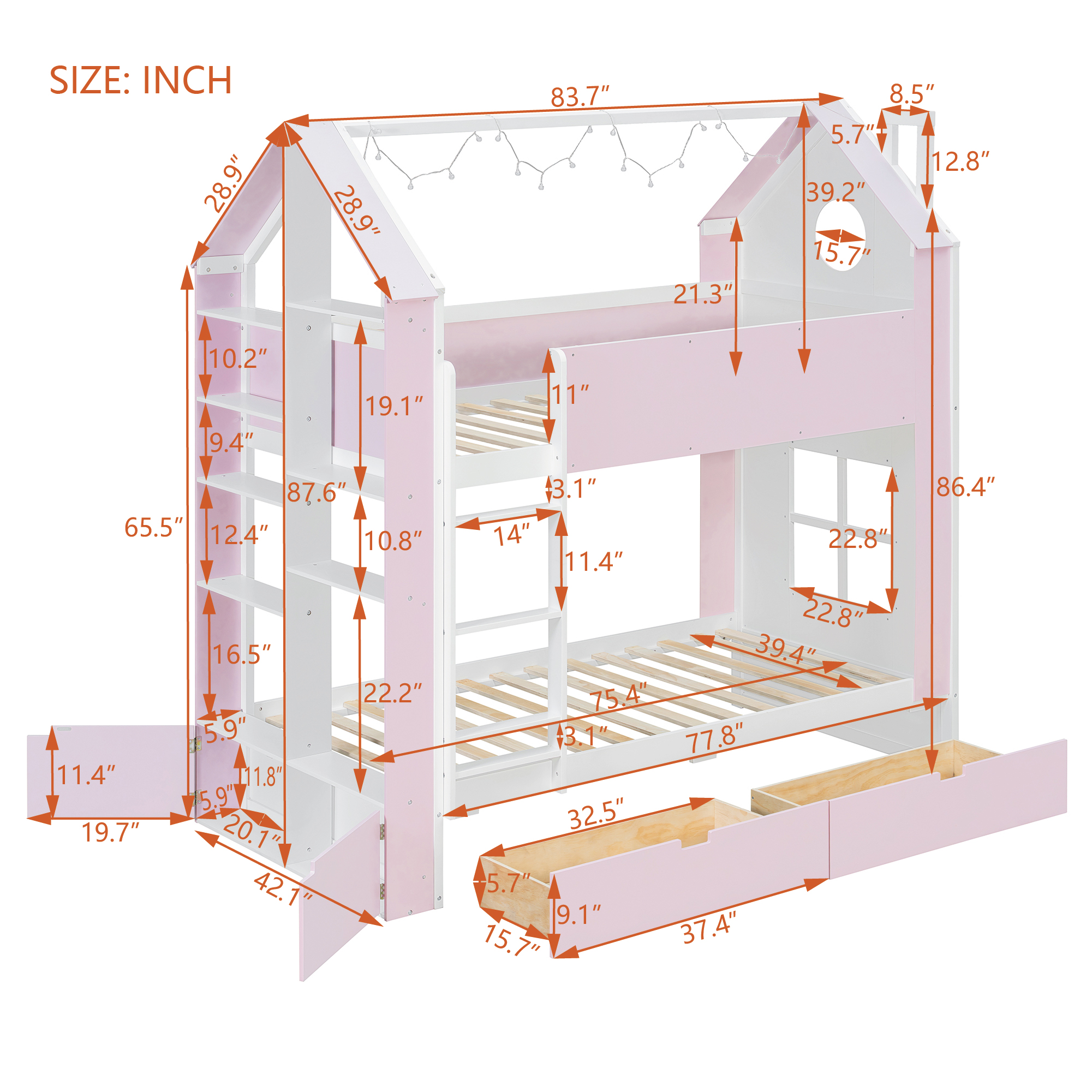 Twin Over Twin House Bed with Storage Drawers & Shelves