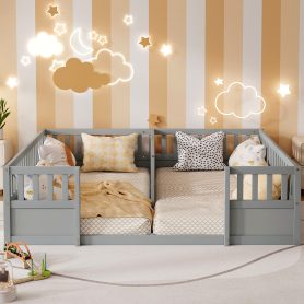 Double Pine Wood Twin Floor Bed with Semi-Enclosed Safety Guardrails, Open Entrance
