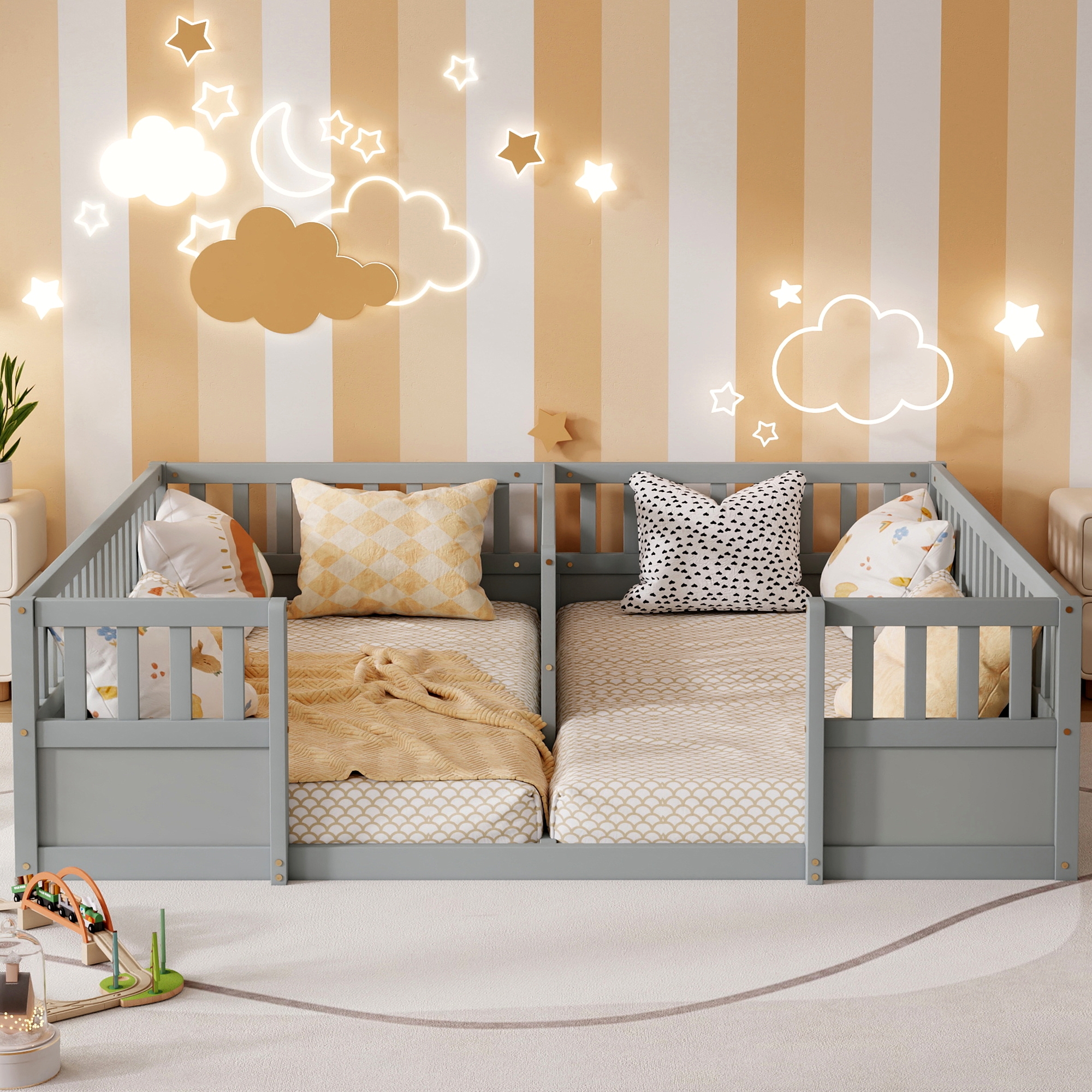 Double Pine Wood Twin Floor Bed with Semi-Enclosed Safety Guardrails, Open Entrance