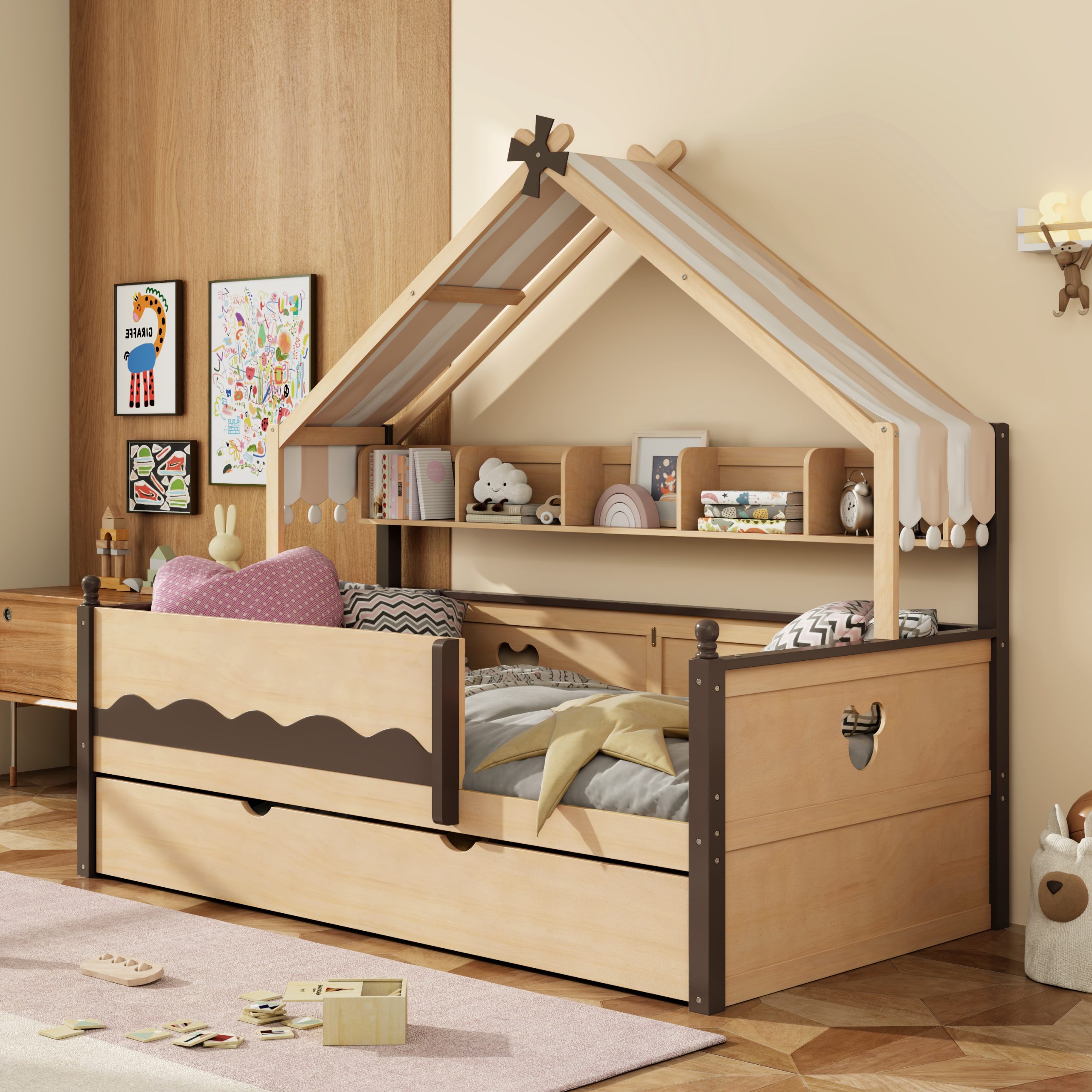 Twin Size House-Shaped Daybed with Built-In Bookshelf and Trundle
